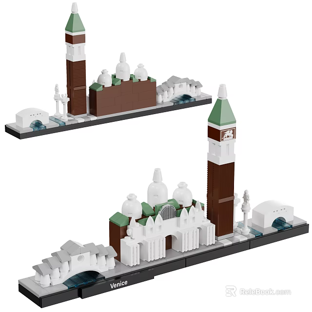 Detailed Building Blocks Model Featuring Clock Tower Domes and Bridge Structures 3d model 