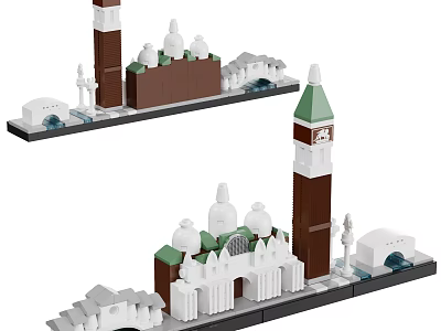 Detailed Building Blocks Model Featuring Clock Tower Domes and Bridge Structures 3d model