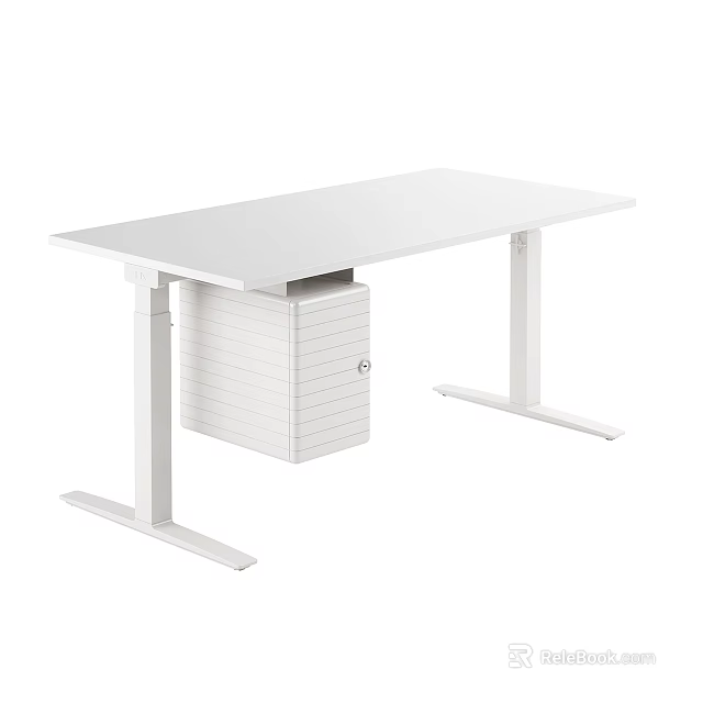 Modern White Office Desk With Height Adjustable Frame And Built In Drawer Cabinet 3d model 