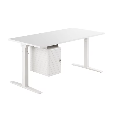 Modern White Office Desk With Height Adjustable Frame And Built In Drawer Cabinet 3d model