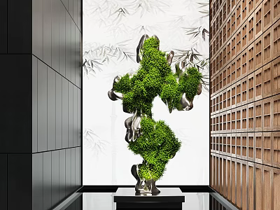 Green Sculpture Indoor Decor with Black Wall Bamboo Pattern Background and Wooden Lattice 3d model