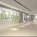 Modern Minimalist Office Front Reception Area With Stylish Linear Ceiling Lighting And Corporate Logo Wall