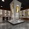 Exhibition Hall Interior Featuring Central Display Stand With Historical Exhibits And Information Panels