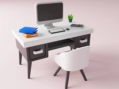Stylish Home Office Desk With Computer Books Plant Phone And White Chair 3d model