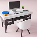 Stylish Home Office Desk With Computer Books Plant Phone And White Chair