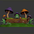 Cute Frog Sitting on Wooden Log Surrounded by Colorful Mushrooms Green Grass and Leaves