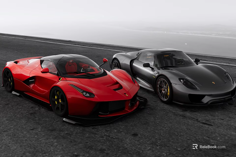 Red and Gray Sports Cars Parked Side by Side on Open Road 3d model 