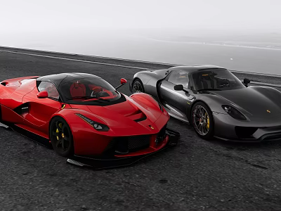 Red and Gray Sports Cars Parked Side by Side on Open Road 3d model