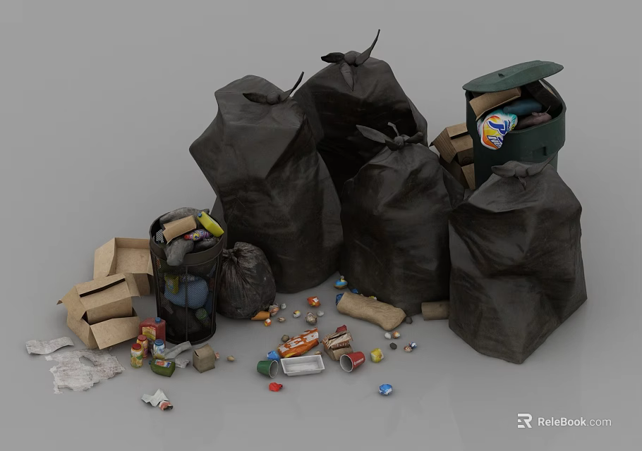 Household Items Including Trash Bags Garbage Bin And Scattered Cans Cardboard Boxes Plastic Bottles 3d model 