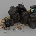 Household Items Including Trash Bags Garbage Bin And Scattered Cans Cardboard Boxes Plastic Bottles