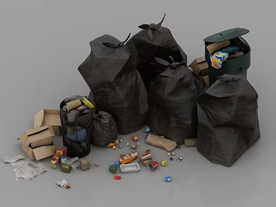 Household Items Including Trash Bags Garbage Bin And Scattered Cans Cardboard Boxes Plastic Bottles 3d model