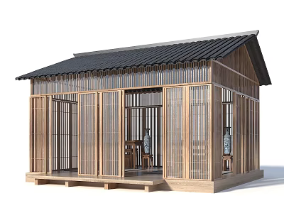 Japanese Style Wooden Cottage With Shoji Doors And Black Tiled Roof 3d model