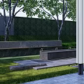 Garden Landscape With Covered Walkway White Pillars Tiled Path Green Shrubs Yellow Wall Black Structure