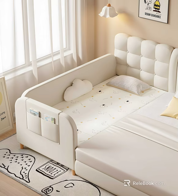 Cozy Children's Bed With Upholstered Headboard Guardrail Cloud Cushion Animal Print Mattress And Pillow 3d model 