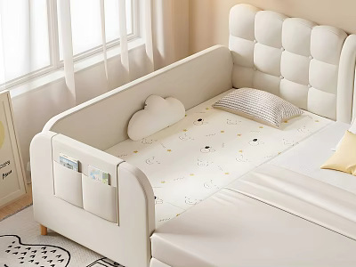 Cozy Children's Bed With Upholstered Headboard Guardrail Cloud Cushion Animal Print Mattress And Pillow 3d model
