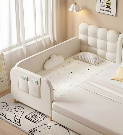 Cozy Children's Bed With Upholstered Headboard Guardrail Cloud Cushion Animal Print Mattress And Pillow 3d model