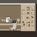 Study Room Interior With White Desk Chair Glass Door Bookshelf Books And Decorations