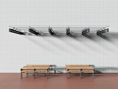 Black Awning Brackets Mounted on White Grid Wall with Wooden Floor and Benches 3d model