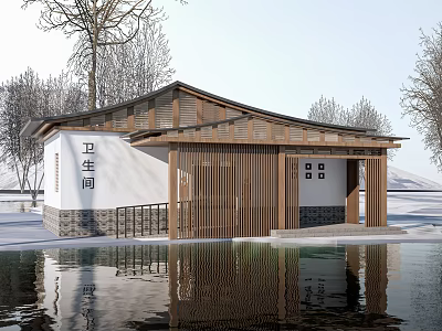 Modern Restroom Building With Wooden Structure White Walls And Water Reflection 3d model