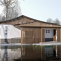 Modern Restroom Building With Wooden Structure White Walls And Water Reflection