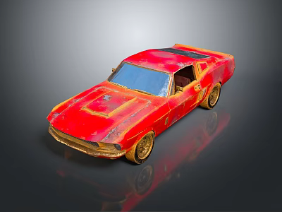 Red Vintage Car Model With Weathered Paint Black Roof And Golden Shiny Wheels 3d model