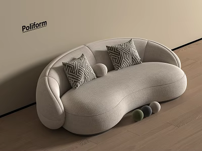 Modern Beige Two Seater Sofa With Geometric Pattern Cushions And Decorative Balls 3d model