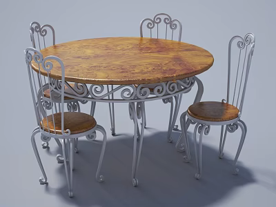 Round Wooden Table and Curved Metal Chairs Dining Set with Wooden Seats 3d model