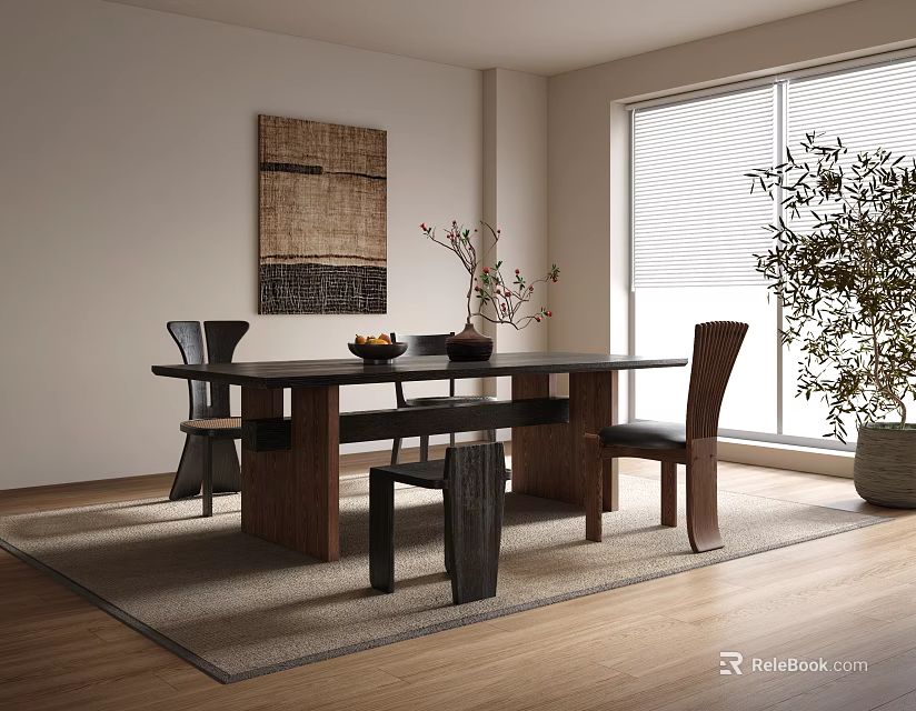 Modern Wooden Dining Table Set With Chairs Window Blinds Plant And Wall Art 3d model 