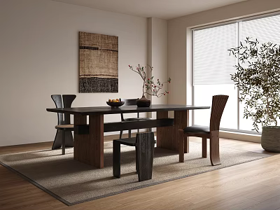 Modern Wooden Dining Table Set With Chairs Window Blinds Plant And Wall Art 3d model