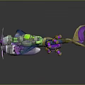 Futuristic Cosmic Spacecraft With Glowing Green Engine Blue Purple Wings And Biomechanical Design