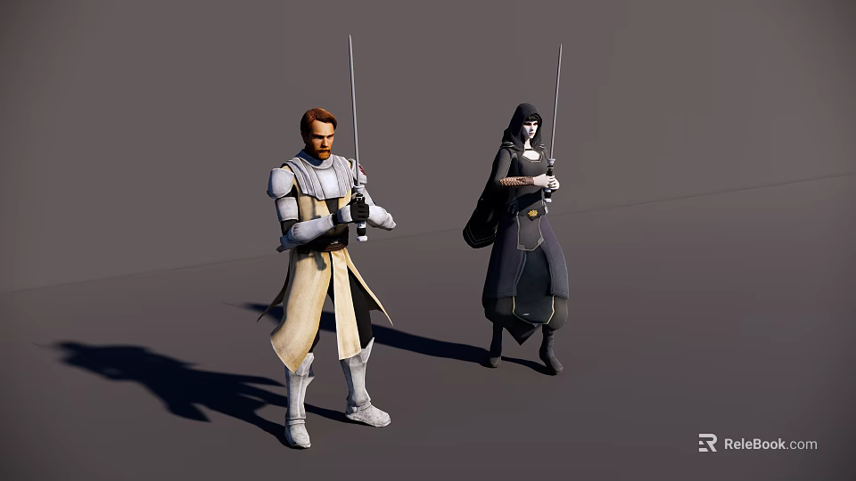 Man In Sci Fi Warrior Outfit Holding Sword Against Gray Background 3d model 