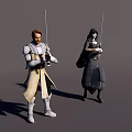 Man In Sci Fi Warrior Outfit Holding Sword Against Gray Background