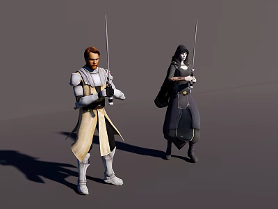 Man In Sci Fi Warrior Outfit Holding Sword Against Gray Background 3d model