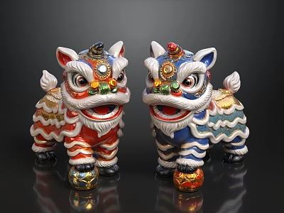 Colorful Ornamental Lion Statues With Red Blue Details And Balls At Base 3d model