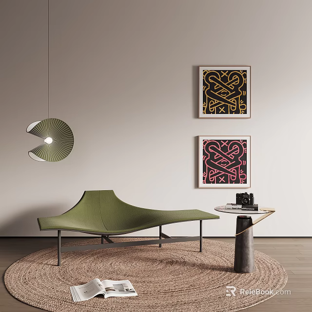 Green Leather Leisure Chair In Living Room With Hanging Lamp Decorative Paintings And Side Table 3d model 