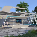 People Interacting At Modern Outdoor Charging Station With Digital Screens Greenery And Palm Trees
