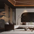 Modern Living Room Interior Design With Wooden Ceiling And Beige Sofa
