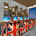 Stylish Box Interior With Union Jack Sofas Multiple Computers Brick Wall Wooden Ceiling And Plants 3d model