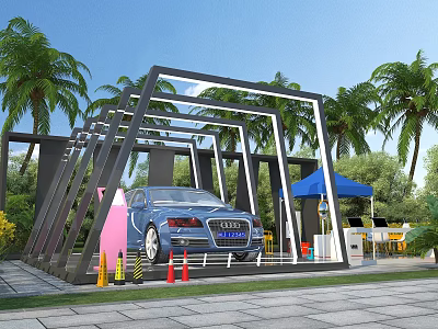 Roadside Facility With Black Frame Structure Blue Car Traffic Cones And Palm Trees 3d model