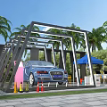 Roadside Facility With Black Frame Structure Blue Car Traffic Cones And Palm Trees
