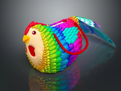 Colorful Woven Chicken Shaped Bag With Rainbow Design And Red Handle 3d model
