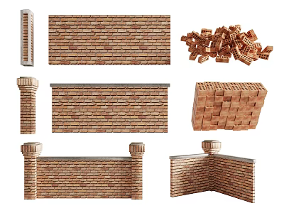Traditional Brick Architectural Components With Wall Panels Pillars Stacks And Decorative Corners 3d model