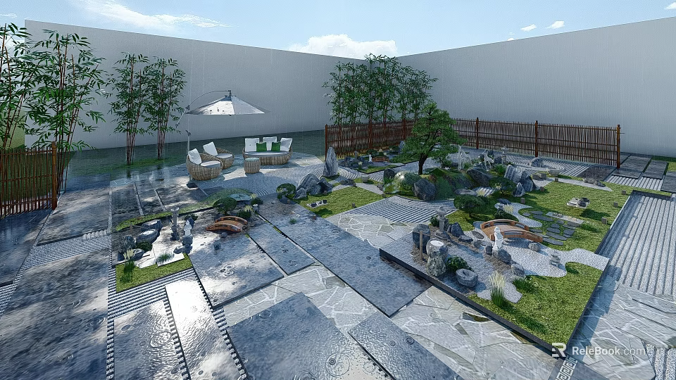 Karesansui Zen Garden With Stone Paths Rocks Moss And Seating Area 3d model 