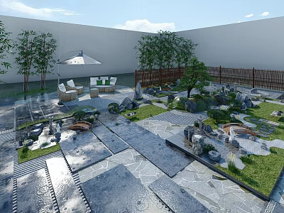 Karesansui Zen Garden With Stone Paths Rocks Moss And Seating Area 3d model