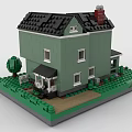 Building Blocks Green Two Story House With Black Roof Lawn Colorful Flowers and Tree