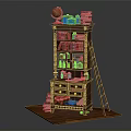Vintage Wooden Bookcase with Multiple Shelves Books Globe Ladder and Decorative Carved Drawers