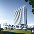 Tall Modern Office Building with Glass Curtain Wall Greenery and Waterfront View Under Blue Sky 3d model