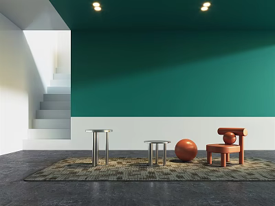 Modern Side Tables With Metal Legs In Space Green Wall Gray Rug And Orange Chair 3d model