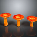 Fresh Orange Mushrooms With Red Caps And Yellow Stems On Gray Background With Clear Reflections