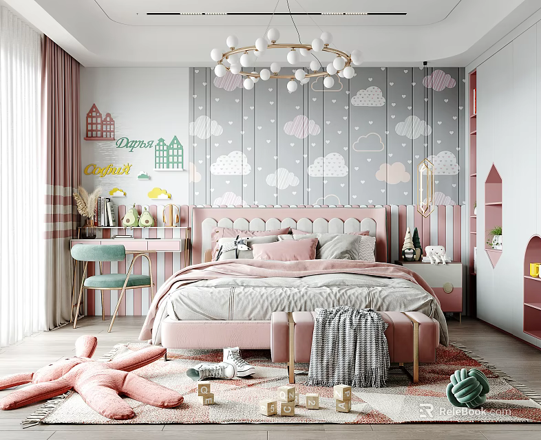 Cute Kids Room Interior With Pink Bed Cloud Wallpaper Chandelier And Toys 3d model 